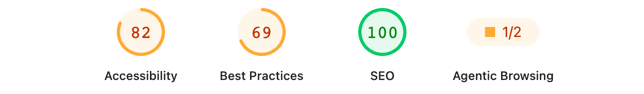 Lighthouse, Webflow: доступность 82, практики 69, SEO 100